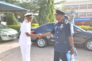 The Comdt AFCSC AVM Suleiman Abubakar Dambo being received by the Director DMW Rear Admiral MM Kadiri prior to the commencement of the Seminar (1)