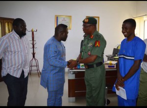 Director Defence information, Brigadier General Onyema Nwachukwu receiving the executive director of Security Affairs, Mr. Austine Peacemaker for the live online media interview in Abuja.